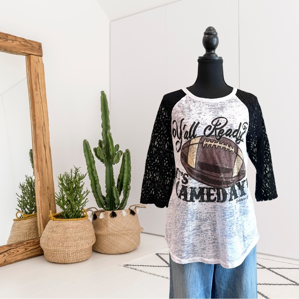Southern Grace Burnout Lace Sleeve Football Gameday T-Shirt Tee